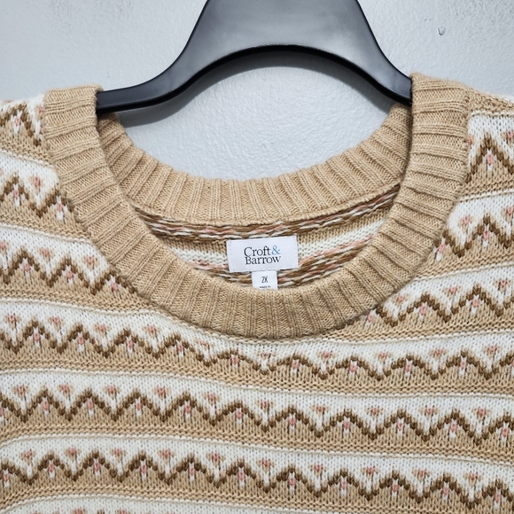 Croft and barrow women's extra cozy sweater size 2X tan and cream crew n… - Picture 3 of 9